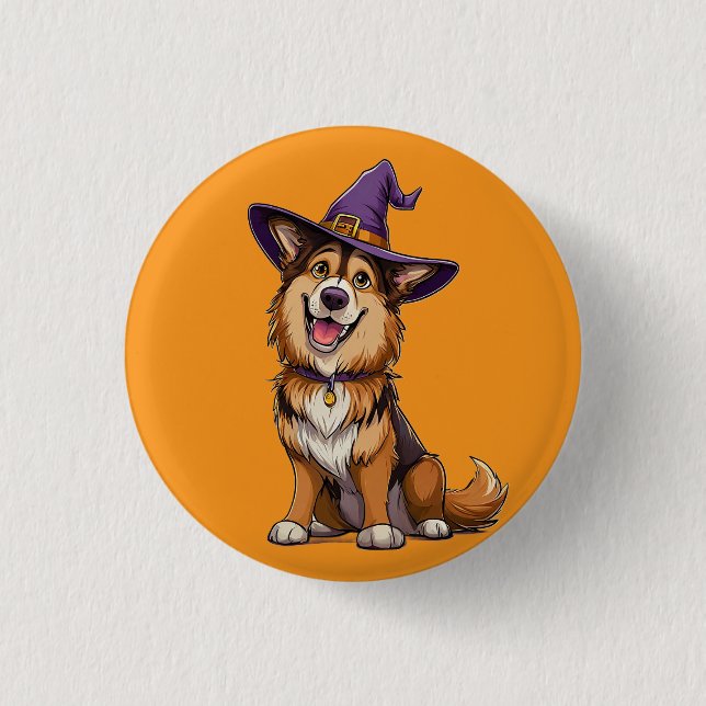 Happy Dog mit einem Hexenhut tragen Button (Vorderseite)