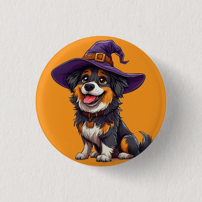 Happy Dog mit einem Hexenhut tragen Button (Vorderseite)