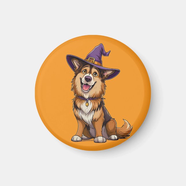Happy Dog mit einem Hexenhut tragen Magnet (Vorne)