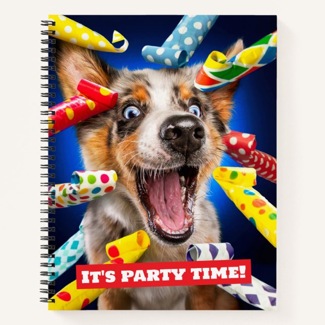 Happy Dog Party Blowers Notizbuch (Vorderseite)