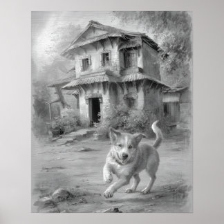 Happy Dog Sketch Art Poster