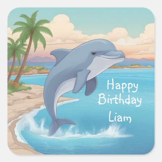 Happy Dolphin Birthday Quadratischer Aufkleber (Vorderseite)
