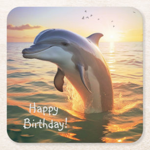 Happy Dolphin Birthday Rechteckiger Pappuntersetzer