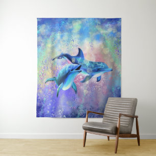 Happy Dolphin Couple Tapestry Family - Malerei Wandteppich