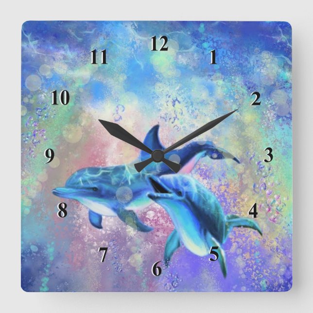 Happy Dolphin Family Wall Clock Quadratische Wanduhr (Vorderseite)