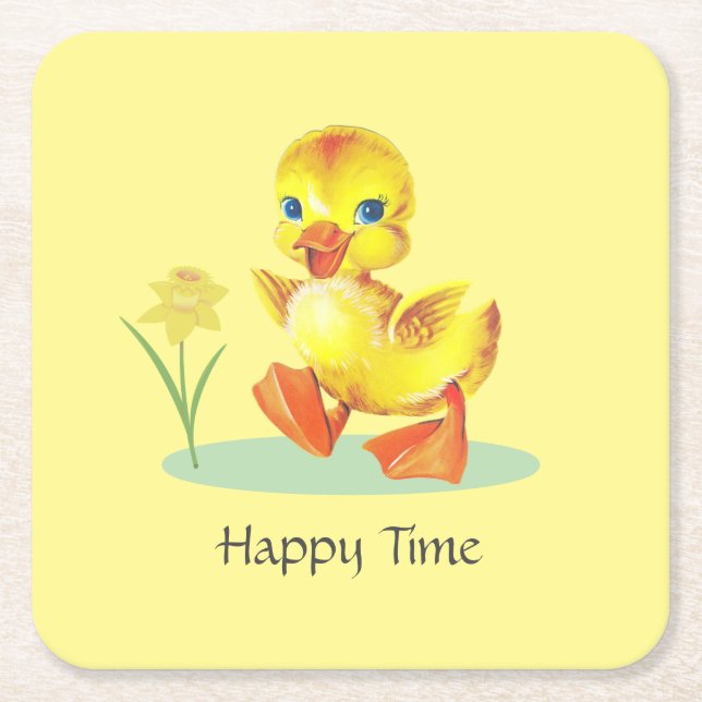 Happy Duckling on Yellow Birthday Party Rechteckiger Pappuntersetzer (Vorderseite)