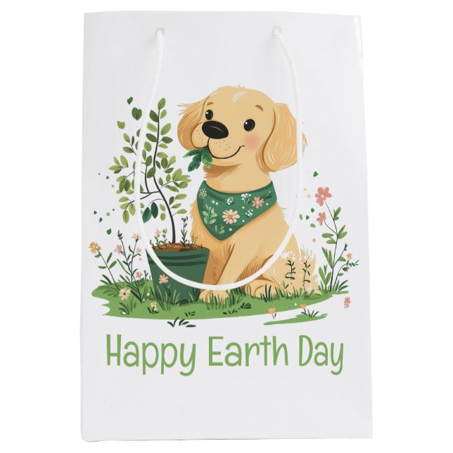 Happy Earth Day Golden Retriever Hundegarten Mittlere Geschenktüte (Vorderseite)
