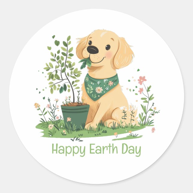 Happy Earth Day Golden Retriever Hundegarten Runder Aufkleber (Vorderseite)
