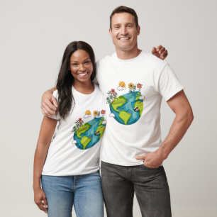 Happy Earth Day Niedlich Lächeln Globe und Blume T-Shirt