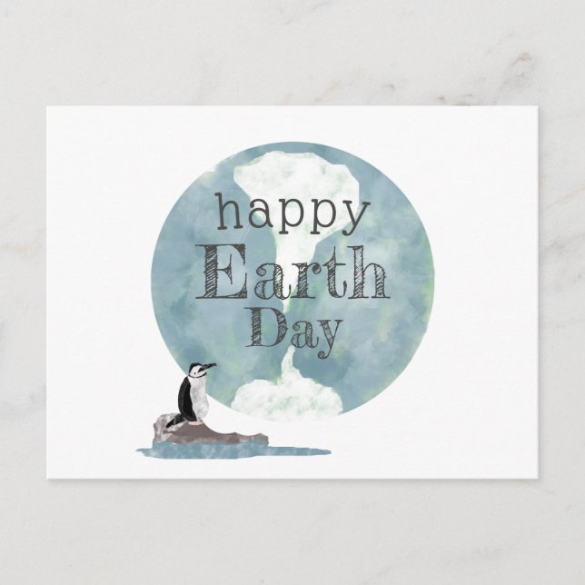Happy Earth Day Pinguin und Planet Postkarte (Vorderseite)