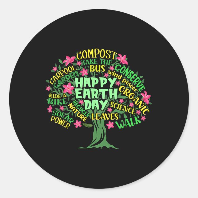 Happy Earth Day Tree Zeichnend Illustration Word A Runder Aufkleber (Vorderseite)