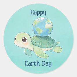 Happy Earth Day Turtle with Globe Runder Aufkleber