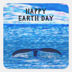 Happy Earth Day Whale Schwanz Blauer Ozean Quadratischer Aufkleber