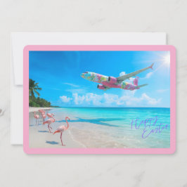 Happy Easter Airplane Over Beach with Flamingos Feiertagskarte