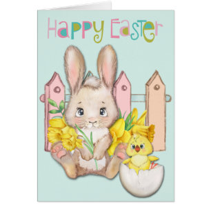 Happy Easter Baby Bunny and Chick with Daffodis