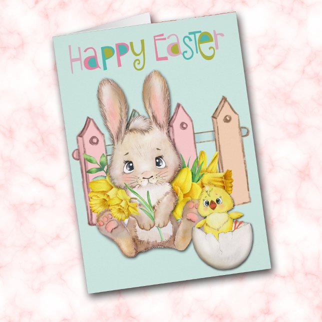 Happy Easter Baby Bunny and Chick with Daffodis (Von Creator hochgeladen)