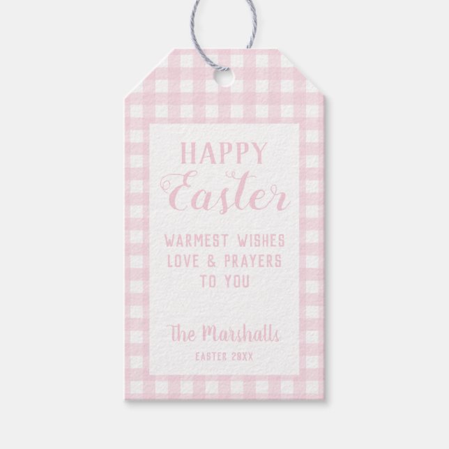 Happy Easter Baby Pink Small Gingham Personalisier Geschenkanhänger (Vorderseite)