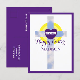 Happy Easter Blue Sky Cross Individuelle Name Lila Feiertagspostkarte