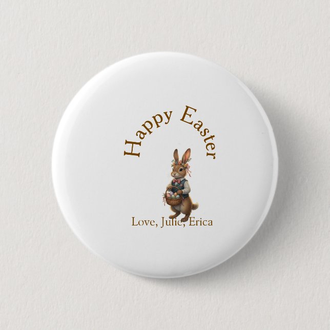 Happy Easter brown bunny with eggs love add name  Button (Vorderseite)