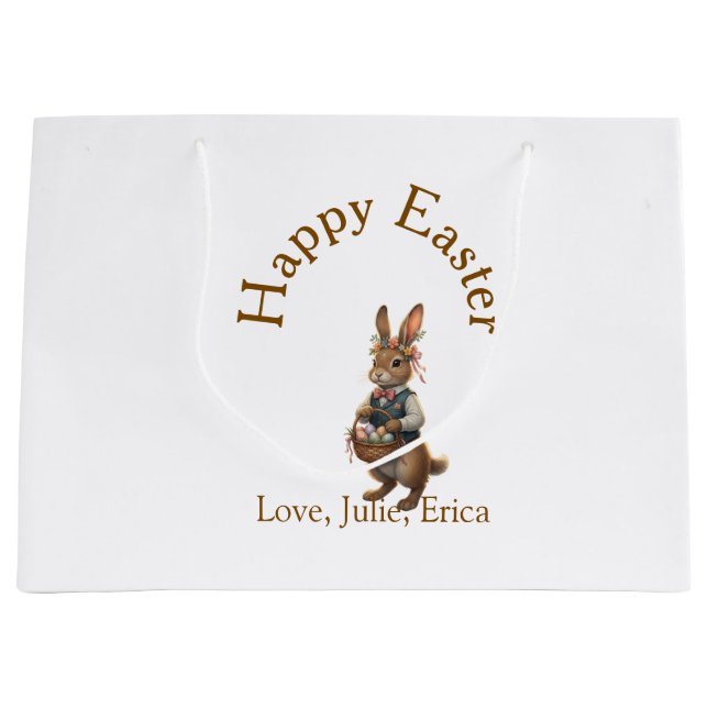 Happy Easter brown bunny with eggs love add name  Große Geschenktüte (Vorderseite)