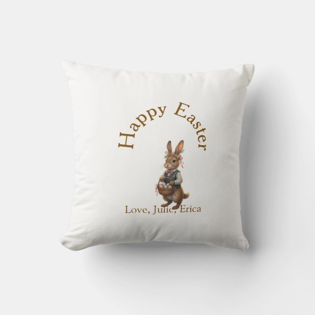Happy Easter brown bunny with eggs love add name  Kissen (Vorderseite)