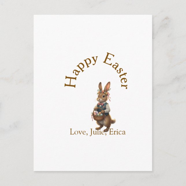 Happy Easter brown bunny with eggs love add name  Postkarte (Vorderseite)