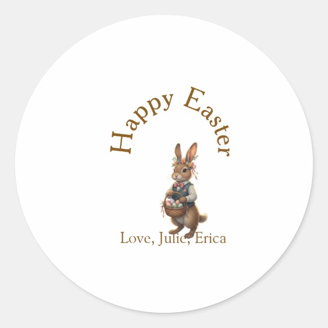 Happy Easter brown bunny with eggs love add name  Runder Aufkleber (Vorderseite)