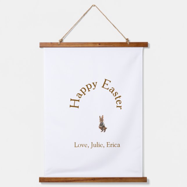 Happy Easter brown bunny with eggs love add name  Wandteppich Mit Holzrahmen (Vorderseite)
