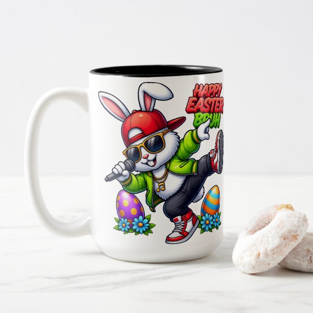 Happy Easter Bruh Cool Bunny Sunglasses Streetwear Zweifarbige Tasse (Mit Donut)