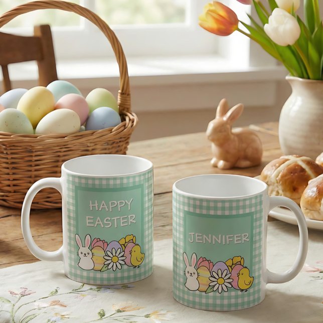 Happy Easter Bunny Chick Eggs Green Gingham Kaffeetasse (Von Creator hochgeladen)