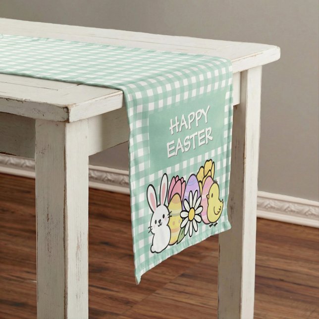 Happy Easter Bunny Chick Eggs Green Gingham Kurzer Tischläufer (Von Creator hochgeladen)