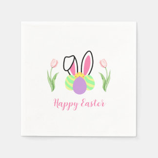 Happy Easter Bunny Ears Eggs and Pink Tulips Serviette