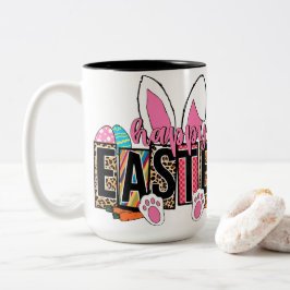 Happy Easter Bunny Ears Leopard Print Plaid Graphi Zweifarbige Tasse