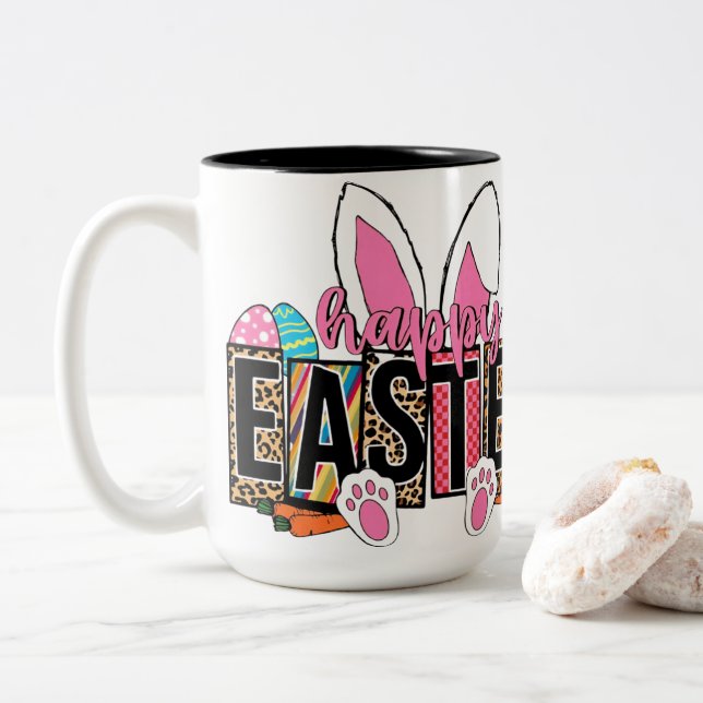 Happy Easter Bunny Ears Leopard Print Plaid Graphi Zweifarbige Tasse (Mit Donut)