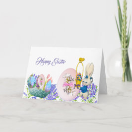 Happy Easter Bunny Egg Basket Lilac Elegante Karte