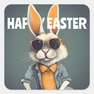 Happy Easter Bunny Orange Sunglasses Funny Quadratischer Aufkleber