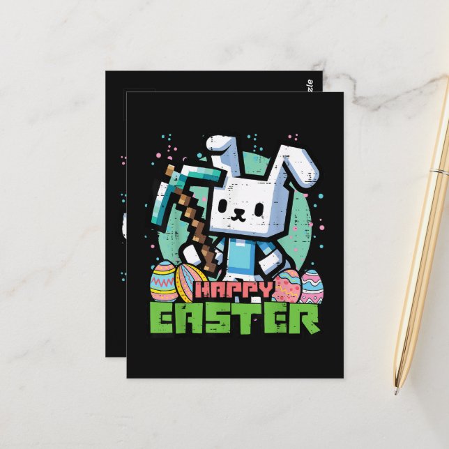 Happy Easter Bunny Pixel Game  Postkarte (Vorderseite/Rückseite Beispiel)