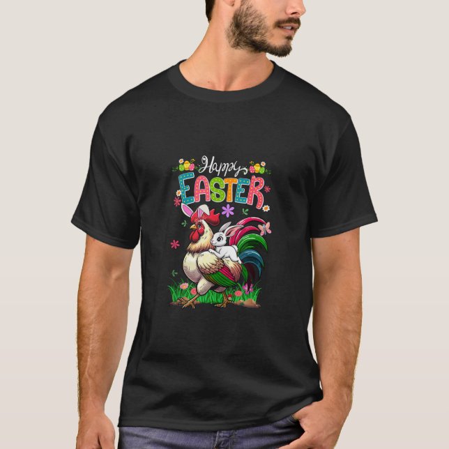 Happy Easter Bunny Riding Chicken Bow Krawatte Ost T-Shirt (Vorderseite)