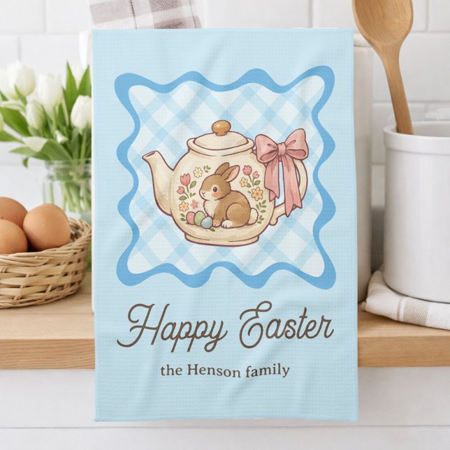 Happy Easter Bunny Teapot Gingham  Geschirrtuch (Von Creator hochgeladen)