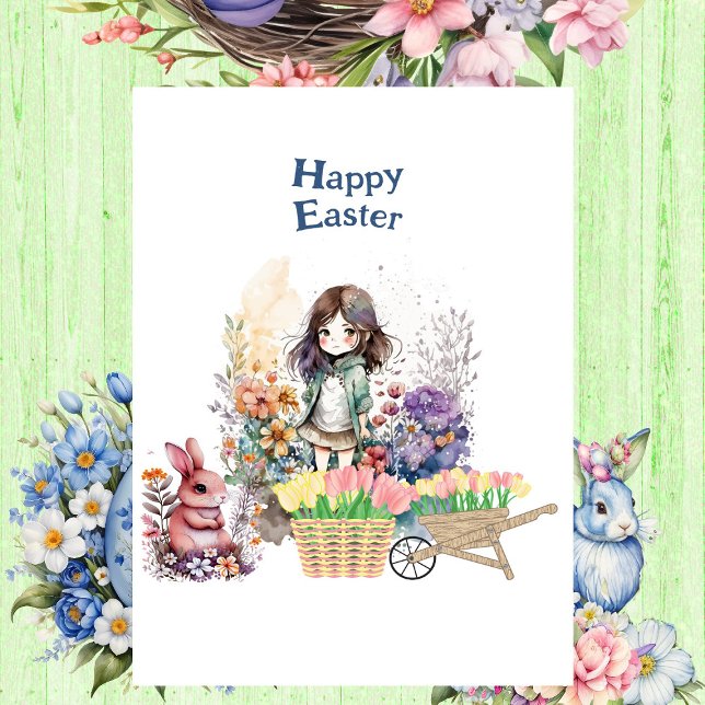 Happy Easter Bunny Tulip Blume Frühjahr Garten Nie Dreifach Gefaltete Urlaubskarte (Happy Easter Bunny Tulip Flower Spring Garden Cute Tri-Fold Holiday Card)