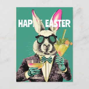 Happy Easter Bunny with Sunglasses Cocktails Funny Postkarte