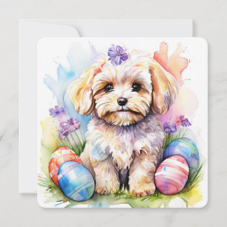 Happy Easter Card Cute Maltipoo Watercolor Dog Karte