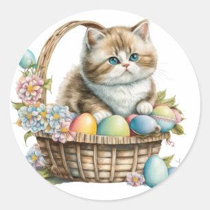 Happy Easter Cat Basket mit Ostereiern & Blume Runder Aufkleber