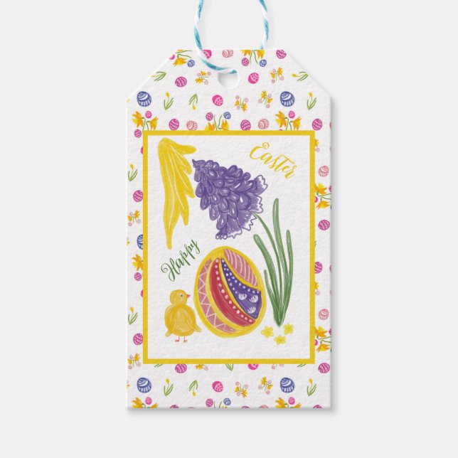 Happy Easter chick, egg, grape hyacinth pattern Geschenkanhänger (Vorderseite)