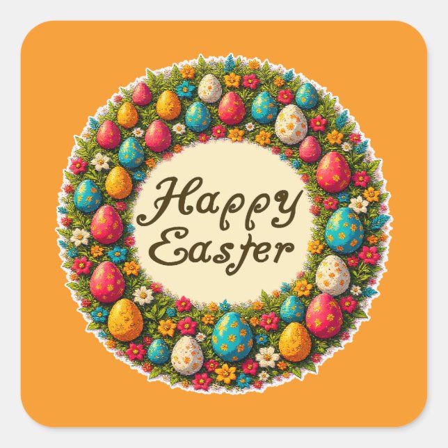 Happy Easter – Classic Wreath Design Autocolante Quadratischer Aufkleber (Vorderseite)