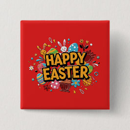 Happy Easter Colorful Bunny & Eggs Pin Button