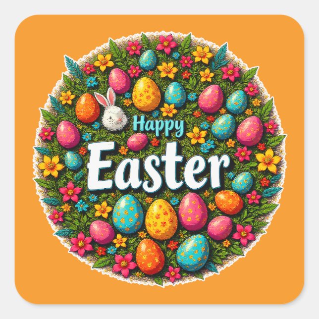 Happy Easter – Colorful Egg Wreath Autocolante Quadratischer Aufkleber (Vorderseite)