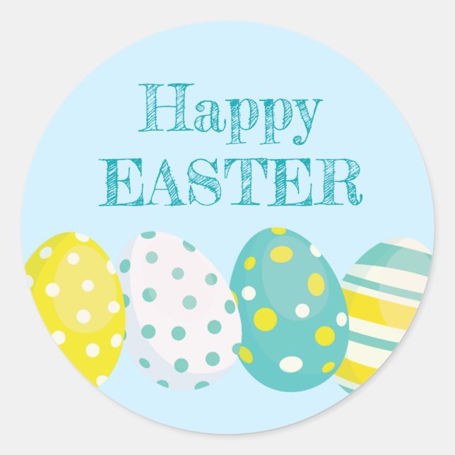 Happy Easter Colorful Eggs Blue Background Runder Aufkleber (Vorderseite)