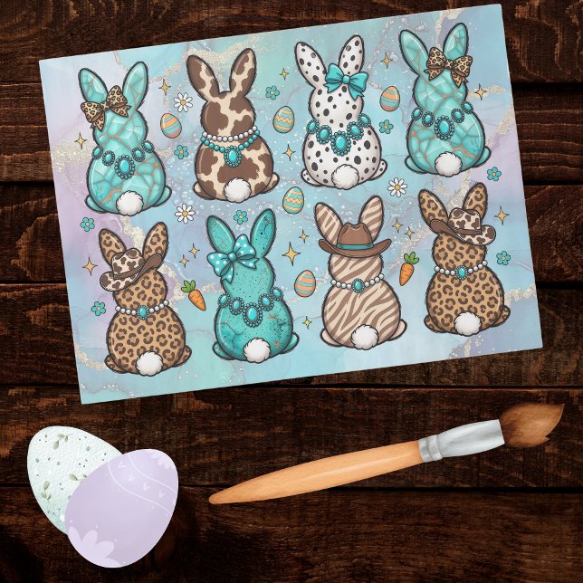 Happy Easter Cowgirl Leopard Print Teal Bunnies   Seidenpapier (Von Creator hochgeladen)