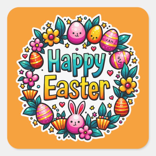 Happy Easter – Cute Bunny Lettering Autocolante Quadratischer Aufkleber (Vorderseite)